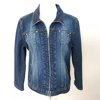 LISA HO Womens Denim Jacket Sz S 8-10 Blue Zip Up Cotton Pockets Diamante Accent • $39.95