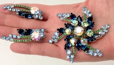 Vintage Verified JULIANA Pinwheel Brooch & Earrings Blue Green & AB Crystals! • $85