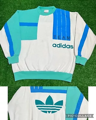 Vintage 80s ADIDAS TEAM Trefoil CrewNeck AOP Sweatshirt Color-block Mens Sz M/L • $74.99