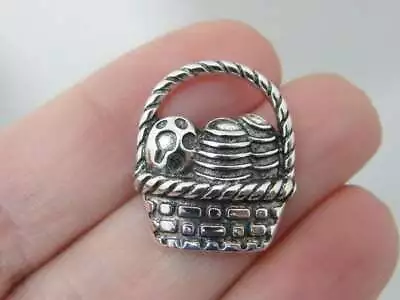 6 Easter Egg Basket Charms Antique Silver Tone P791 • £2.30