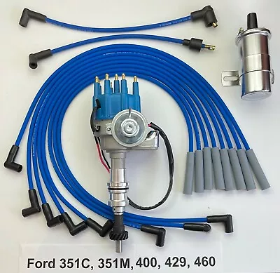 FORD 351C/M-400-429-460 BLUE Small HEI Distributor + 45K Coil + SPARK PLUG WIRES • $155.95