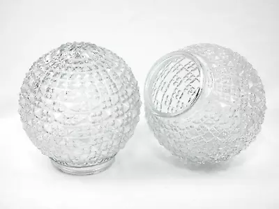 Set Of Two 6 Inch Clear Diamond Point Hobnail Glass Globe Light Shades 3.25  Fit • $29.95