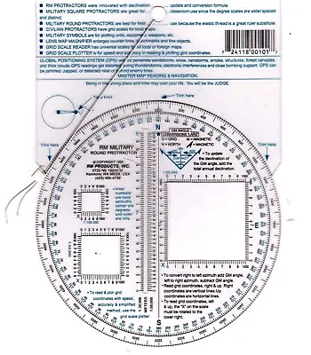 RM PRODUCTS Military Round Protractor (Blue) SCALES: 1:25k / 1:50k / 1:100k • $9.95