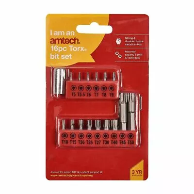 Amtech 16pc TORX BIT SET Star Hex Socket Drive Screw Torque Tamper Proof Tool • £3.99