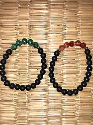 Set Of 2 Stretchy Mala Bracelets ~ Malachite & Orange Agate W/ Black Matte Beads • $14