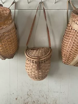 Vtg Handmade Wicker Wood Harvest Pack Basket Creel Fishing W/ Leather Strap • $90