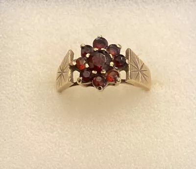 Vintage 9ct Yellow Gold Garnet Floral Design Ring Fully Hallmarked Size N • $211.36