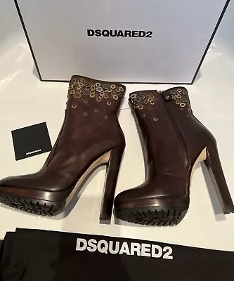 $920 DSQUARED2 9 39 Brown Studded Ankle Boots Block Stacked Heel Lug Sole Italy • $259.99