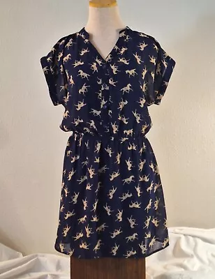 Mimi Chica Women's Dress Horse Pattern Lined Sheer Dark Blue Equestrian Cute • $15