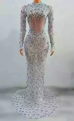 Women Sexy Mesh See Through Rhinestone Beaded Long Dress Singer Party Costume • $393.79