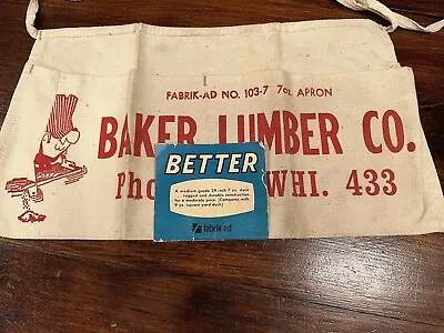 Nail Apron- Vintage Canvas - Baker Lumber Co W/ Original Tag & Divided Pockets  • $24