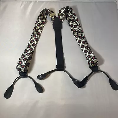 Vintage 1990s Tabasco Suspenders 100% Silk Black Leather Button Style Braces • $12.99