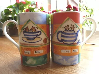 Pair Of Dunoon Stoneware Mugs “LOVE NEST” LOVEY DOVEY By Jane Heyes • £20