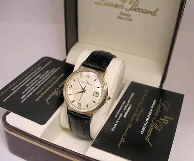 NOS Vintage Lucien Piccard  Men's 14 K 585 Watch With Boxes And Cards 24787 • $1225