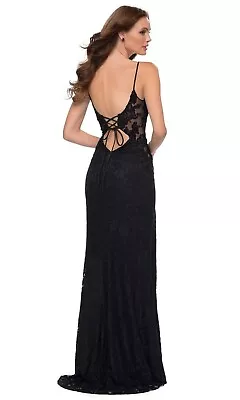 La Femme Black Sparkle Stretch Lace Open Back Sheath Gown Size 4 $448 • $158.88