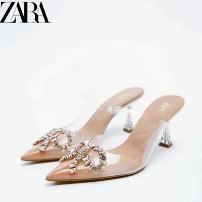 $69 • Buy NWT ZARA Women’s Shimmery Vinyl Rhinestone Bow Clear Nude Heels Mules Shoes 6.5