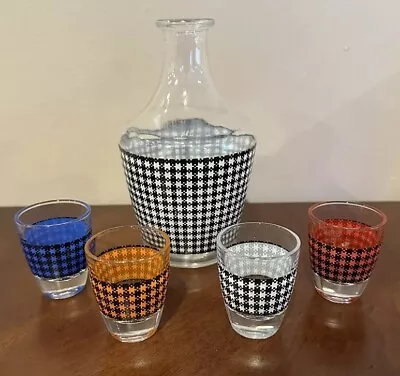 Vintage Houndstooth Checkered Liquor Decanter & 4 Shot Glasses Made In France • $11.99