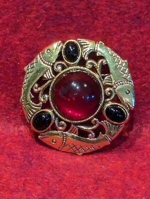 Vintage Red & Black Cabochon Round Fish Brooch Pin Vatican Library Collection • $24.99