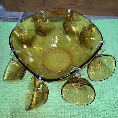 Vintage Duralex Vereco France Amber Glass Punch Bowl W 8 Cups / Hangars • $54.99