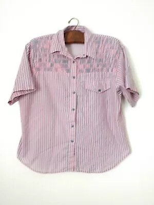 Vintage Shirt Vertical Stripe Smocked Short Sleeve Button Front Large Chest 46  • $12.03