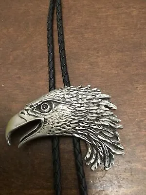 Screaming Eagle Head Bolo Tie Pewter Black Leather Cord • $15