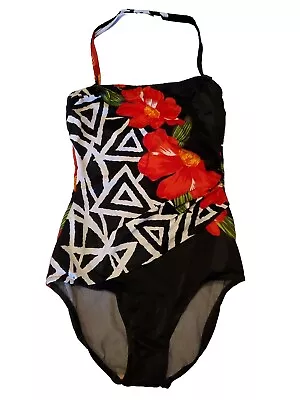 Sirena Vintage One Piece Swimsuit Size 12 Black White Red Poppy Made In USA • $19.95