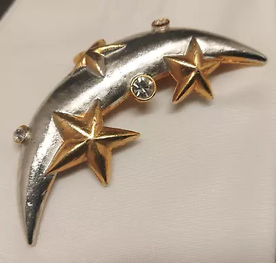 Crescent Moon & Stars Celestial Brooch / Pendant Silver / Gold Tone Rhinestone • $19.50