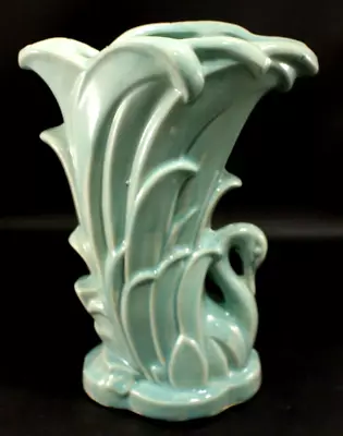 Vintage McCoy Pottery Green Swan Vase Great Condition 9 1/4  Tall CLEAN • $35