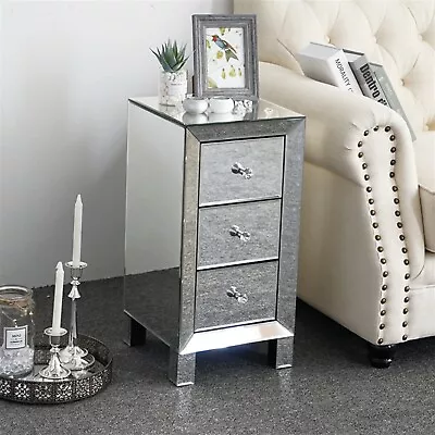 Mirrored Glass Bedside Table Cabinet Bedroom Nightstand 3 Drawer Crystal Handles • £90.50