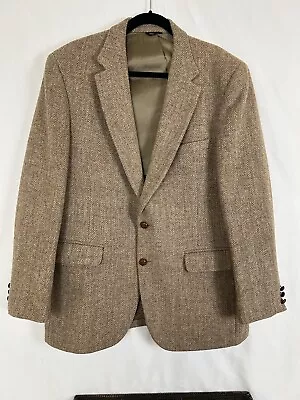 Vintage Mens Harris Tweed Wool Blazer Herringbone Tan Klopfensteins USA Size 44R • $39.90