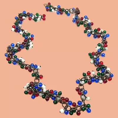 CONFIRMED 1930’s Miriam Haskell Glass Bead Gripoix Red Blue Green Chain Necklace • £95.48