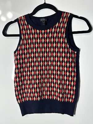 J Crew Women Sweater Jackie Shell Merino Wool Vest Argyle Navy Size Extra Small • $34.99