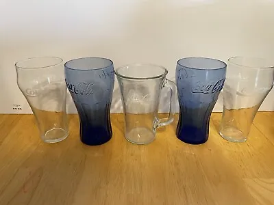 SET Of 5 Vintage Coca-Cola Glasses Tumblers Blue Clear Mug McDonald’s • $26