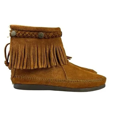 Minnetonka High Top Moccasin Suede Fringe Ankle Back Zip Bootie Womens Size 6 • $39.18