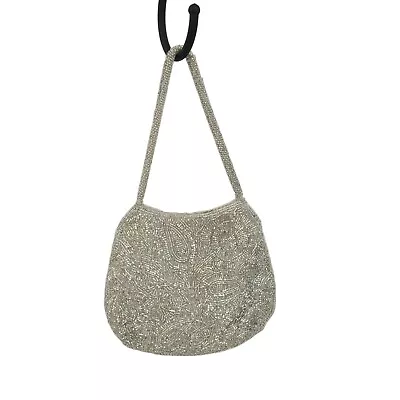 Vintage 80s Beaded Wedding Evening Bag Top Handle Mini White Silver Sparkle • $50