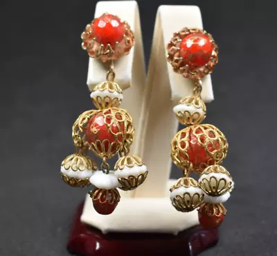 Vintage Chinese Red & White Filigree Chandelier Dangle GT Clip On Earrings 2.43  • $12