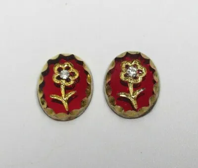 Vintage Glass Flower Cabochons 10X8mm Gold On Ruby Red Made In Germany 2pcs • $5.49