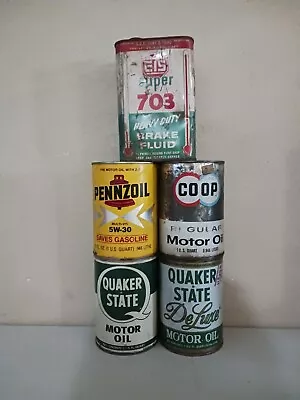 Vtg Automotive Advertising Oil Brake Fluid Can Lot Of 5 Quakerstate Penzoil • $45