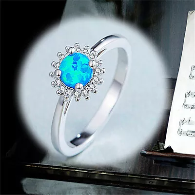 Vintage Silve Blue Simulated Opal   Zircon Ring Wedding Jewelry Size 6 • $0.01