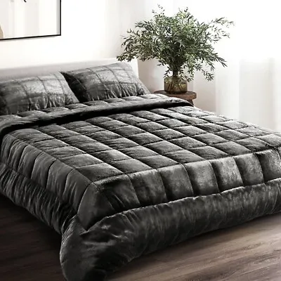 Giselle Bedding Faux Mink Quilt Fleece Throw Blanket Comforter Charcoal KING • $82.73