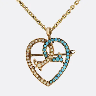 Victorian Turquoise And Pearl Heart Pendant Necklace - 9ct Rose Gold • £715
