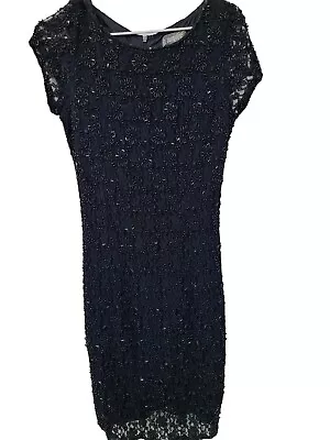 Vintage Jacqui E Size 10 Black Floral Beaded Shift Dress Short Sleeve Lace 90s • $15