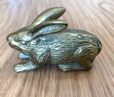 Vintage Solid Brass Bunny Rabbit 3” Figurine Paperweight 6 Oz. PATINA & Sticker • $15.99