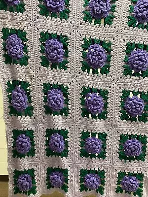 Vtg Handmade Crochet 3D Purple Flowers Granny Afghan Throw Blanket 90”x 85” • $31