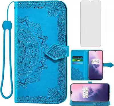 OnePlus 7 6T Wallet Case And Tempered Glass Screen Protector Flip Case - Blue • $45.95