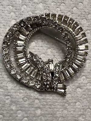 Vintage Designer Jewelry Signed Clear Rhinestone Rhodium Plated Brooch Pin • $20