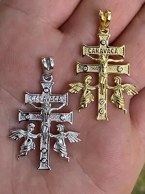 Solid 925 Silver Gold Plated Cruz De Caravaca Cross Pendant 1.5  Plata Necklace • $32.38