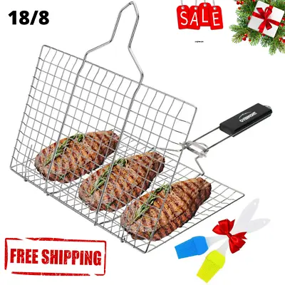 Stainless Steel BBQ Grill Basket Fish Vegetables Steak Foldable Camping Barbecue • $26.99