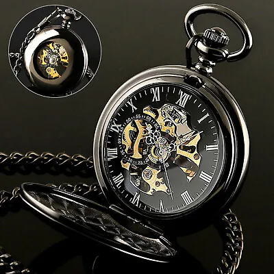 Men's Pocket Watch Mechanical Black Dial Skeleton Retro Chain Automatic Luxury • $19.98