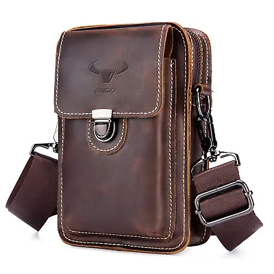 Mens Messenger Shoulder Bag Real Genuine Leather Small Crossbody Waist Belt Pack • £15.99